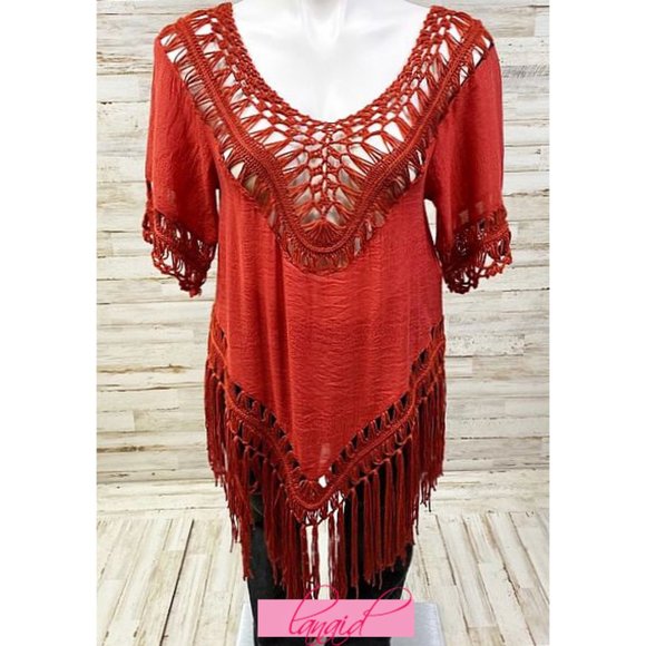 Vivid Importers Fringe Cover-Up Tunic Rust Off-The-Shoulder Crochet Cut-Outs M - Picture 1 of 9